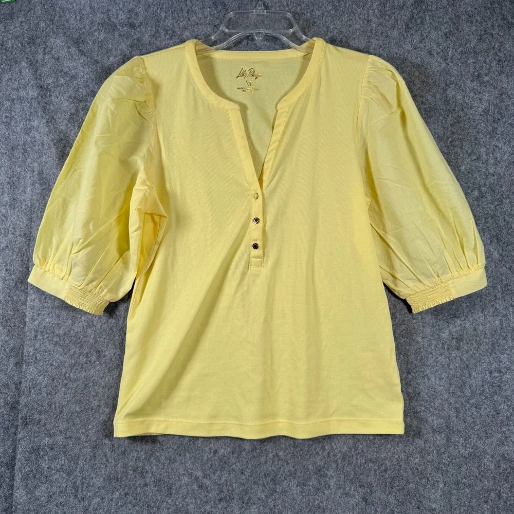 Lilly Pulitzer Ronson Split V-Neck Puff Sleeve Top Sz Medium Butter Yellow